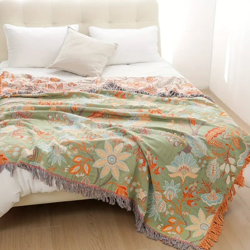 Katoenen Plaid met Boho Bloemenmotief – Oranje en Blauw op Crèmekleurige Ondergrond met Franjes – Decoratieve Sprei voor Bank en Bed | Sansoti