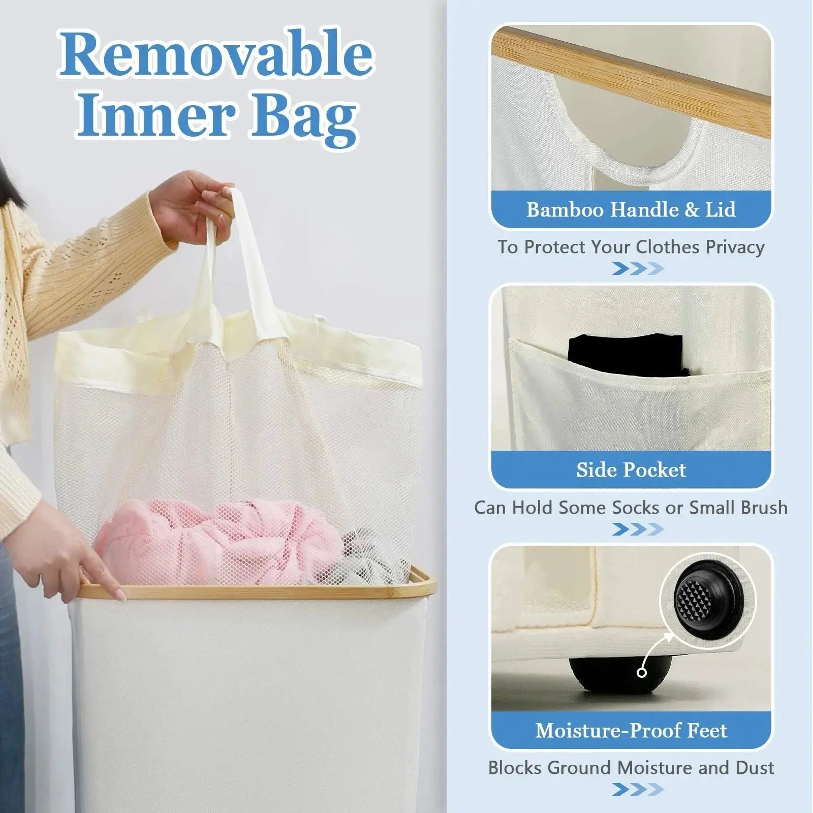 Foldable Laundry Basket with Lid 100L Bamboo Handles Beige Gray Black Polyester Large Capacity Laundry Box | Sansoti