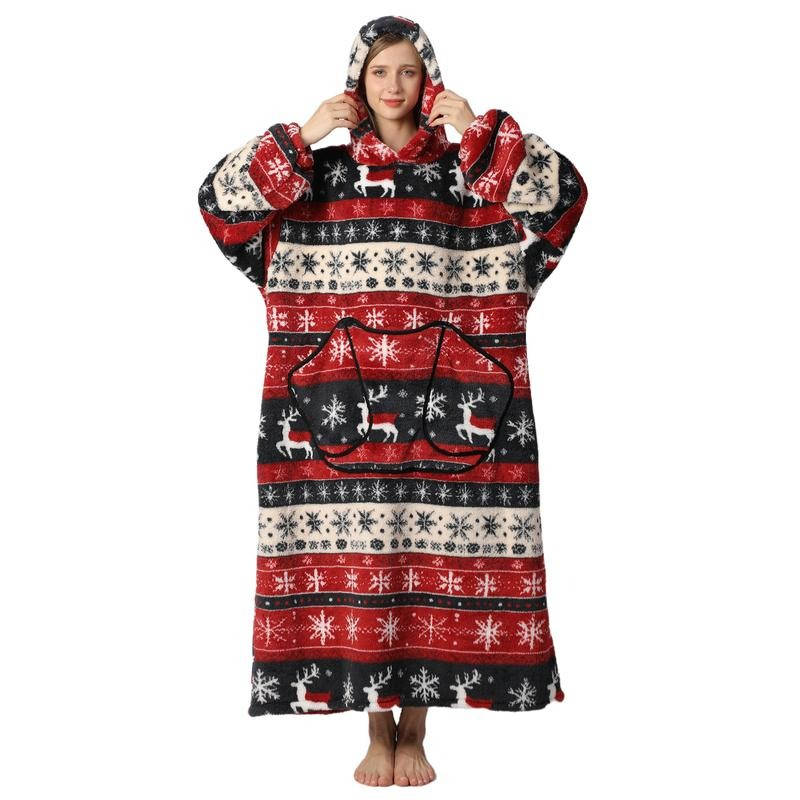 Oversized Wearable Hooded Blanket Fleece Sherpa Relaxwear Loungewear Warm Hoodie Blanket Adults | Sansoti