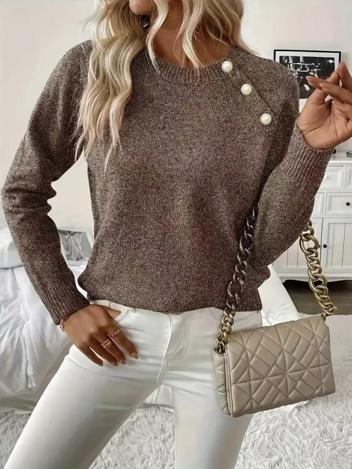 Knitted Sweater with Pearl Buttons for Women Warm Relaxed Pullover Elegant Knitwear Winter Comfortable Casual | Sansoti