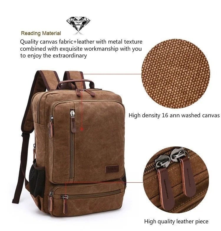 Vintage Canvas Backpack with Leather Details for Laptops up to 15 Inches Travel Bag School Bag Day Bag Casual Backpack | Sansoti
