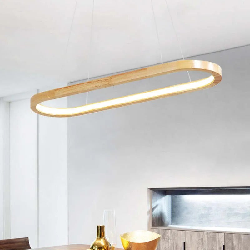 Suspension ovale en bois avec éclairage LED pour salle à manger, salon et cuisine, design scandinave, lumière chaleureuse | Sansoti