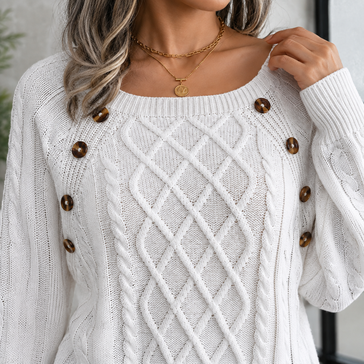 Knitted Women's Turtleneck Sweater with Cable Pattern and Shoulder Buttons, Warm Winter Sweater for Cold Days | Sansoti