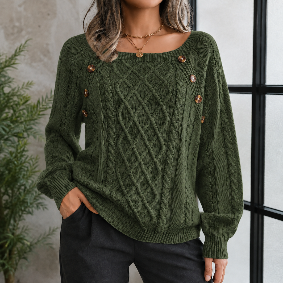 Knitted Women's Turtleneck Sweater with Cable Pattern and Shoulder Buttons, Warm Winter Sweater for Cold Days | Sansoti