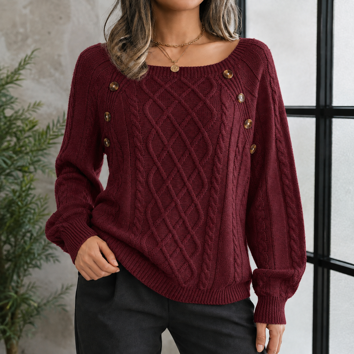 Knitted Women's Turtleneck Sweater with Cable Pattern and Shoulder Buttons, Warm Winter Sweater for Cold Days | Sansoti