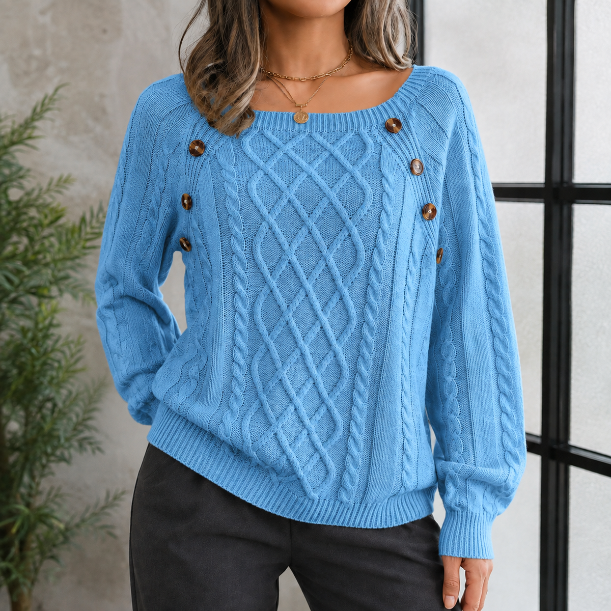 Knitted Women's Turtleneck Sweater with Cable Pattern and Shoulder Buttons, Warm Winter Sweater for Cold Days | Sansoti