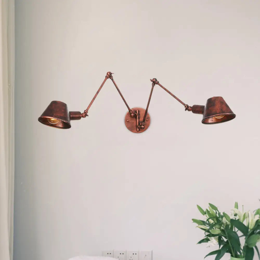 Applique industrielle avec bras réglable, métal brun rouille, 2 à 3 points lumineux, abat-jour conique, E26 E27, salon | Sansoti