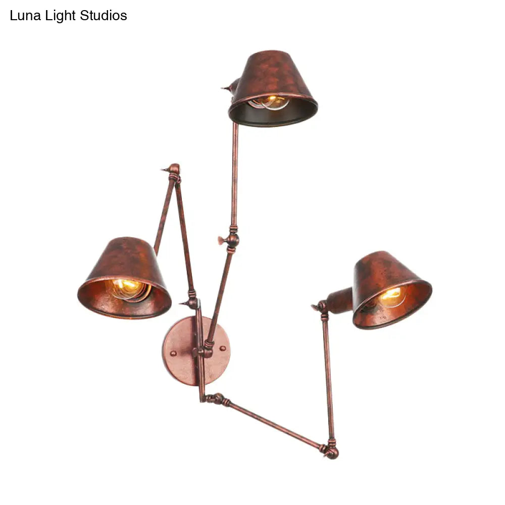 Applique industrielle avec bras réglable, métal brun rouille, 2 à 3 points lumineux, abat-jour conique, E26 E27, salon | Sansoti
