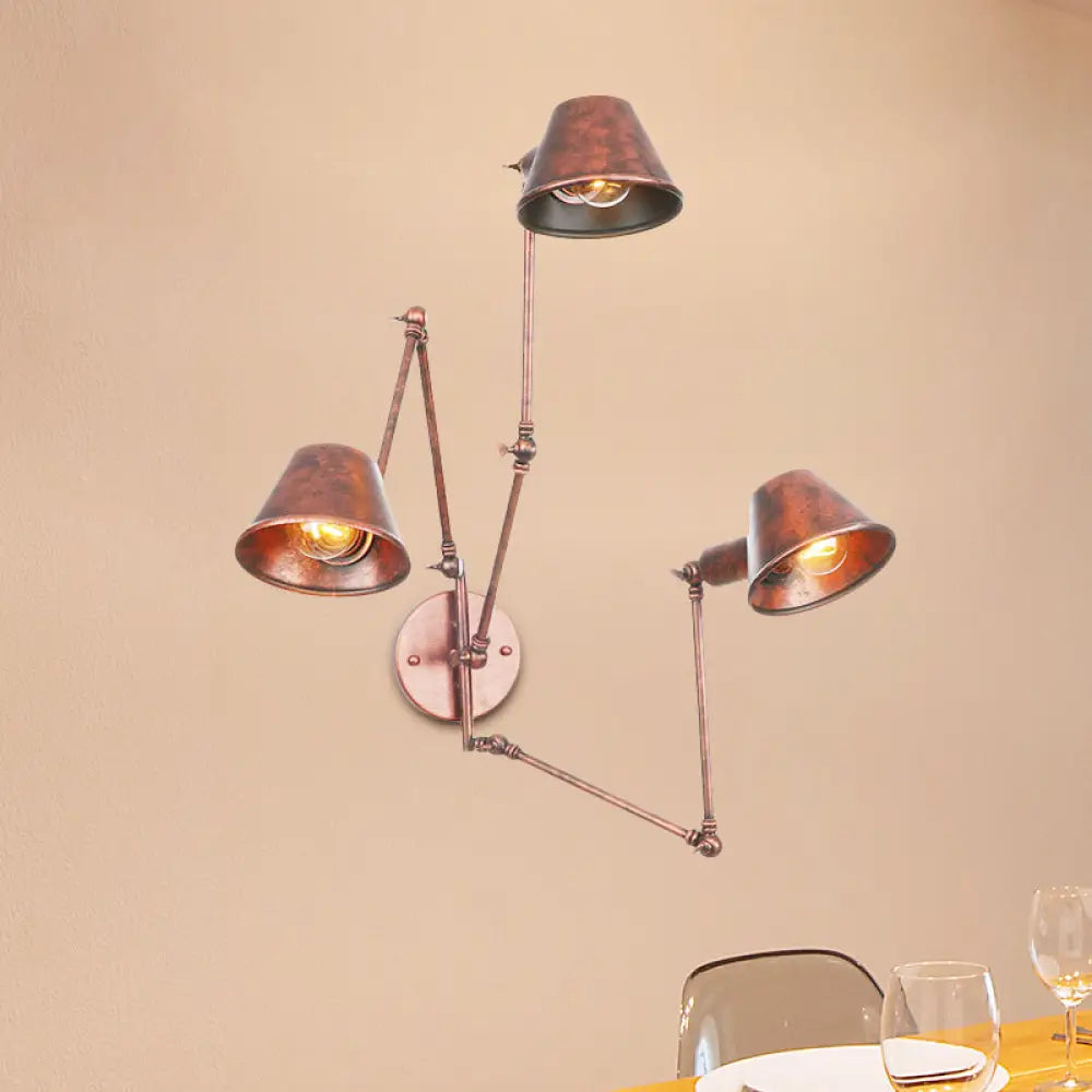 Applique industrielle avec bras réglable, métal brun rouille, 2 à 3 points lumineux, abat-jour conique, E26 E27, salon | Sansoti
