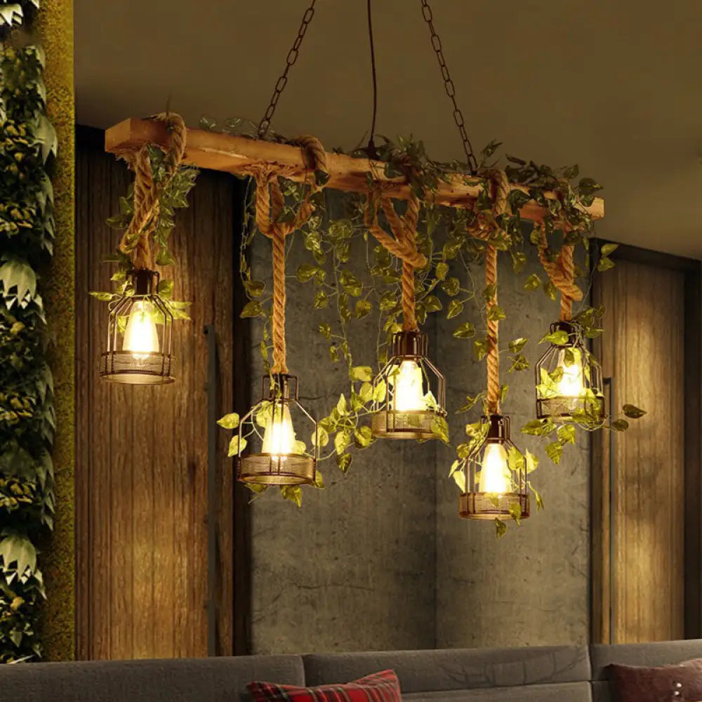 Suspension industrielle en bois beige à 5 lumières avec structure en cage pour salle à manger îlot de cuisine 109 cm plafonnier | Sansoti