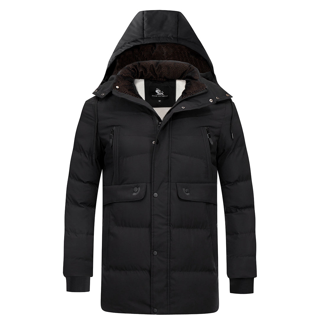 Parka d'hiver matelassée pour hommes, déperlante, capuche amovible, bleu duvet et noire, veste d'hiver chaude pour l'extérieur | Sansoti