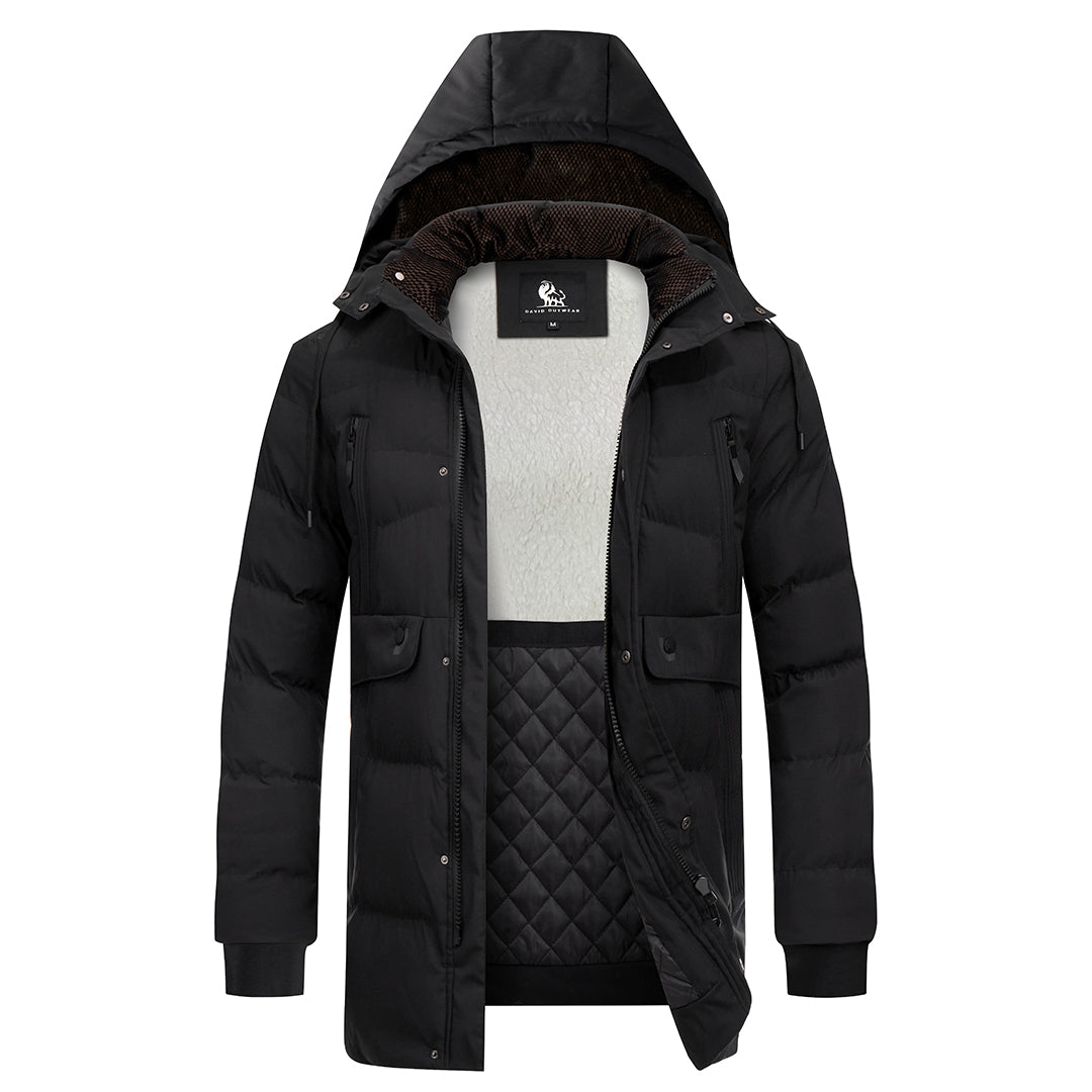 Parka d'hiver matelassée pour hommes, déperlante, capuche amovible, bleu duvet et noire, veste d'hiver chaude pour l'extérieur | Sansoti