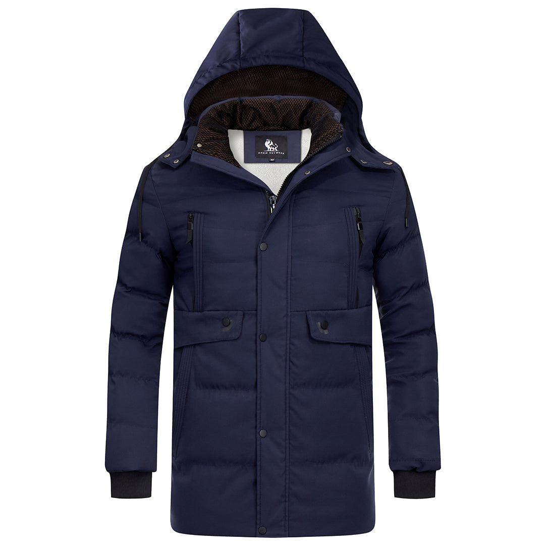 Parka d'hiver matelassée pour hommes, déperlante, capuche amovible, bleu duvet et noire, veste d'hiver chaude pour l'extérieur | Sansoti