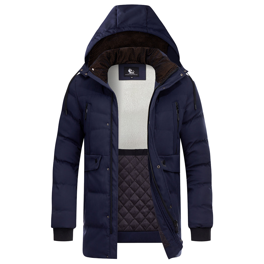 Parka d'hiver matelassée pour hommes, déperlante, capuche amovible, bleu duvet et noire, veste d'hiver chaude pour l'extérieur | Sansoti