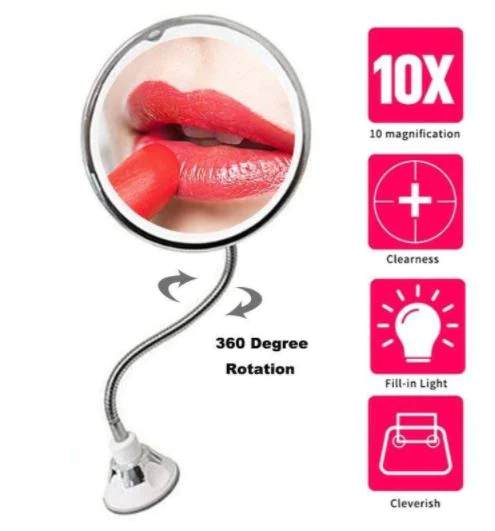 Miroir de maquillage grossissant, grossissement 10x, éclairage LED, col de cygne flexible, ventouse, miroir cosmétique de bureau | Sansoti