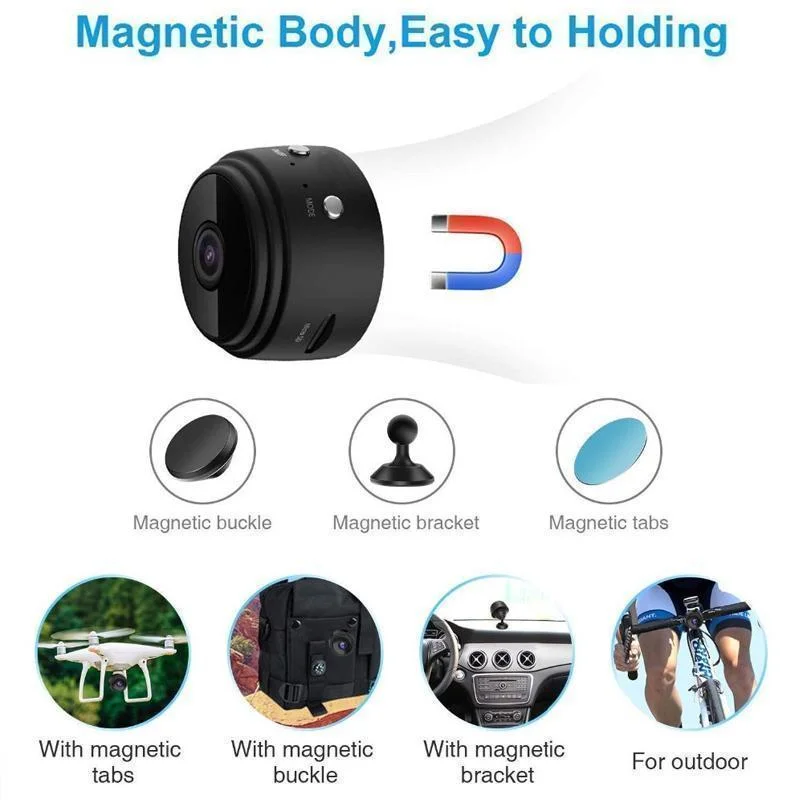 Caméra de sécurité sans fil 1080p WiFi magnétique et compacte, vision nocturne, sécurité domestique et contrôle par application | Sansoti