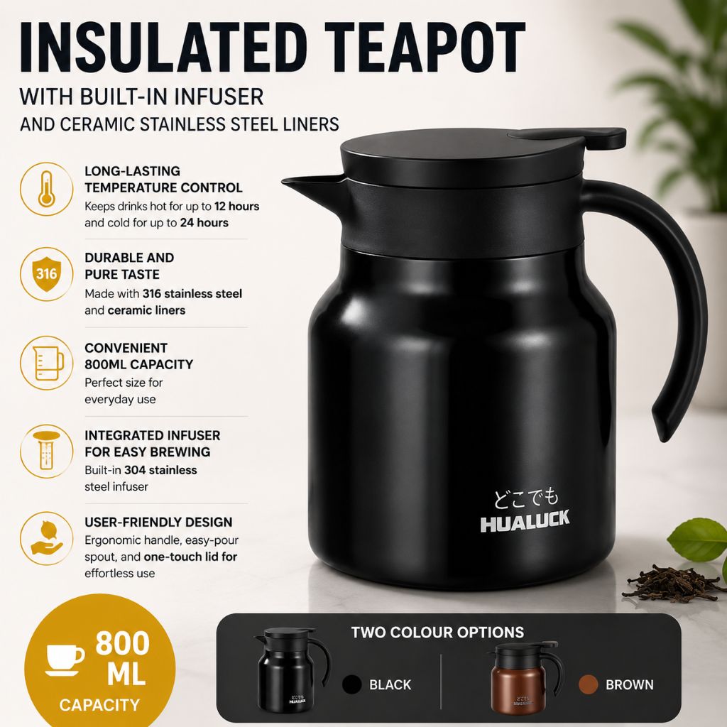 Dzbanek termiczny z sitkiem do herbaty 800 ml, podwójne ścianki, stal nierdzewna, ceramika, dzbanek utrzymujący ciepło, dzbanek do herbaty, dzbanek do kawy, czajnik, termos | Sansoti