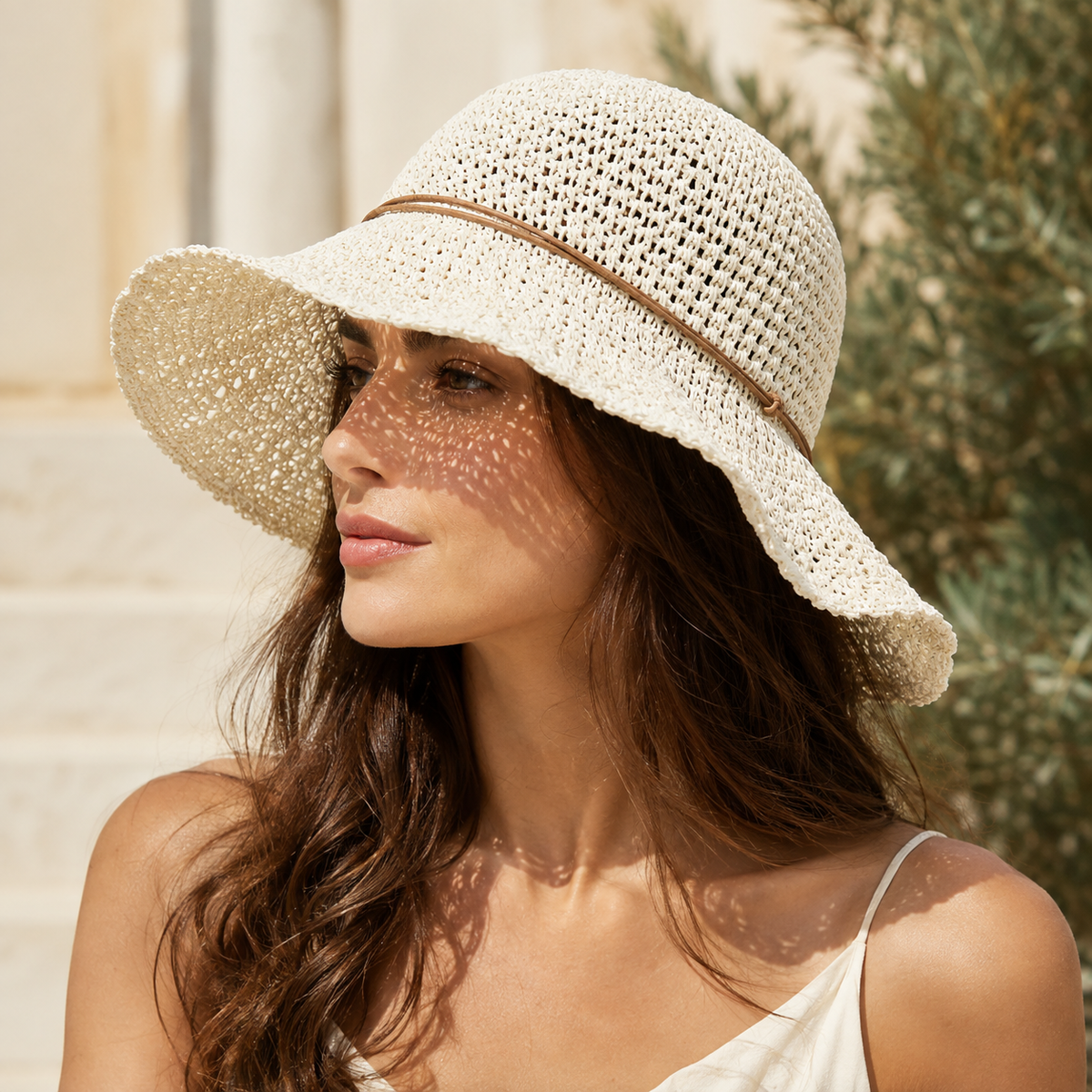 Strohhut für Damen mit breiter Krempe, dekorativer Kordel, atmungsaktiv, faltbar, für Strand, Urlaub und Sommer | Sansoti