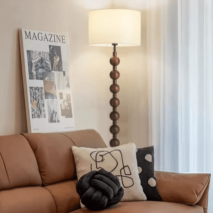 Stehleuchte Holz Kugeln Japandi Leinen Schirm 170cm Wohnzimmer | Restfield