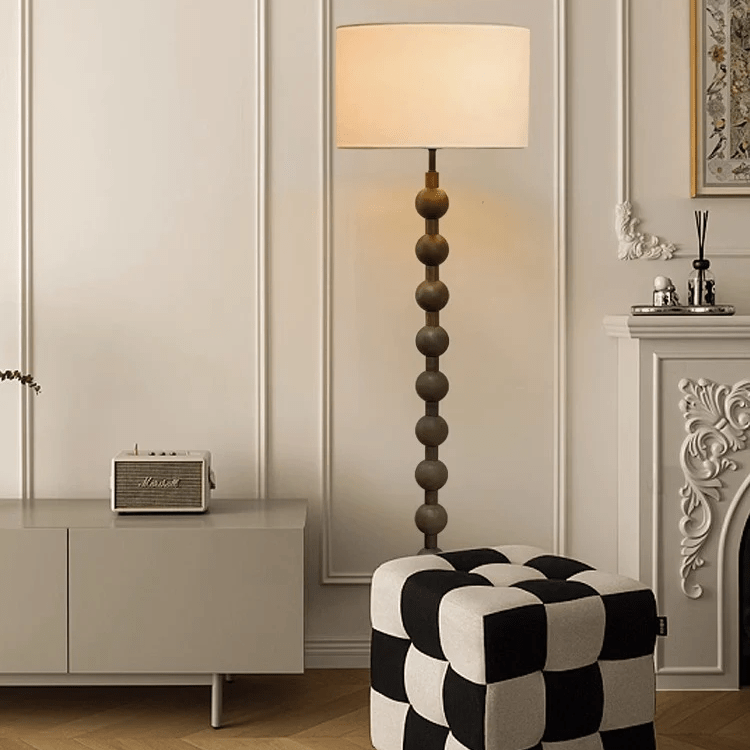 Stehleuchte Holz Kugeln Japandi Leinen Schirm 170cm Wohnzimmer | Restfield