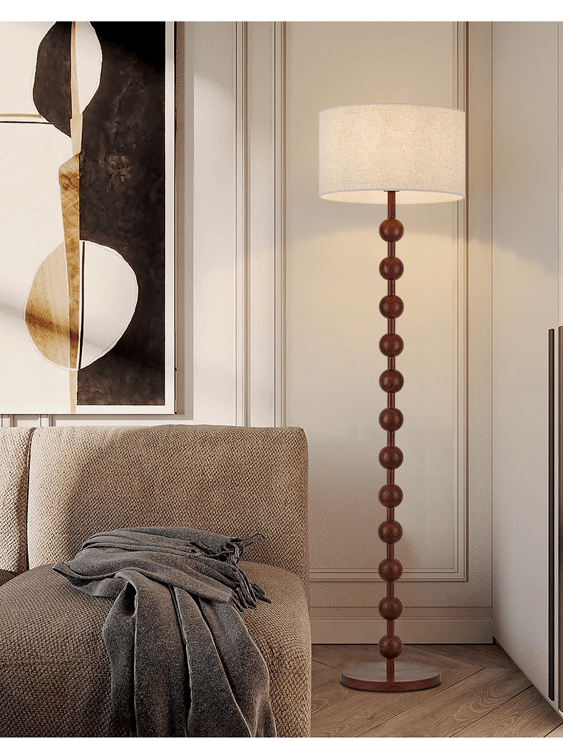 Stehleuchte Holz Kugeln Japandi Leinen Schirm 170cm Wohnzimmer | Restfield