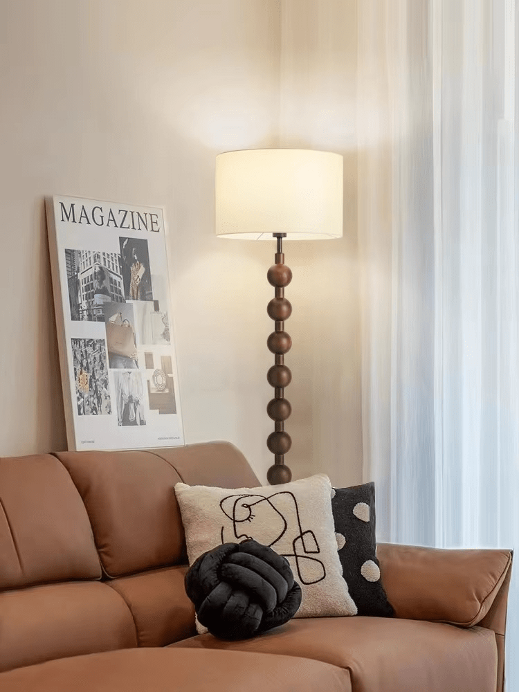 Stehleuchte Holz Kugeln Japandi Leinen Schirm 170cm Wohnzimmer | Restfield