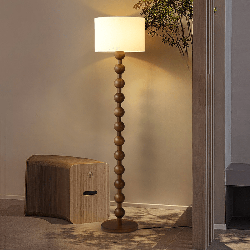 Stehleuchte Holz Kugeln Japandi Leinen Schirm 170cm Wohnzimmer | Restfield