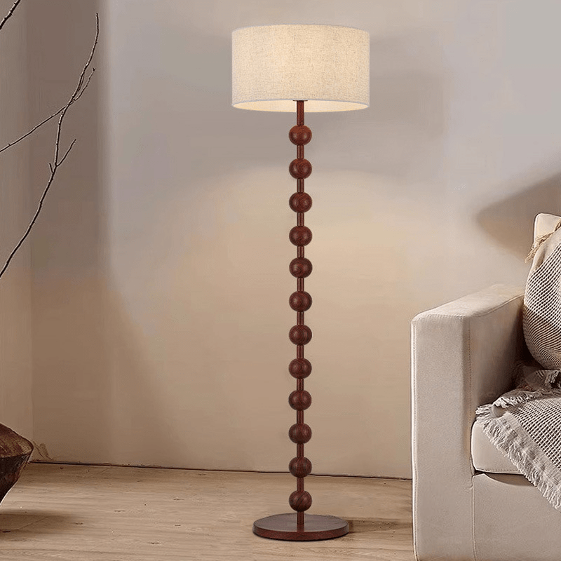 Stehleuchte Holz Kugeln Japandi Leinen Schirm 170cm Wohnzimmer | Restfield
