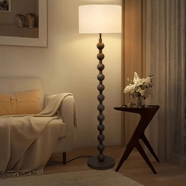 Stehleuchte Holz Kugeln Japandi Leinen Schirm 170cm Wohnzimmer | Restfield