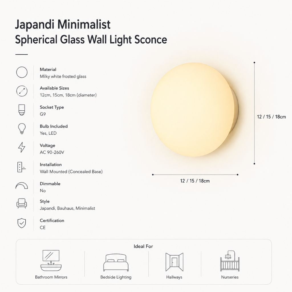 Kinkiet kula z matowego szkła, G9 LED, biały, 12–18 cm, unoszący się design, nowoczesne oświetlenie do przedpokoju, łazienki, sypialni i salonu | Sansoti
