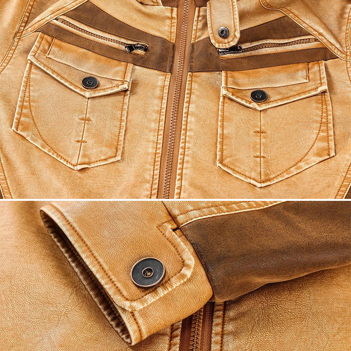Leren Jack met Afneembare Capuchon Waterbestendig Krasbestendig Premium Kunstleer Heren Biker Winterjas | Sansoti
