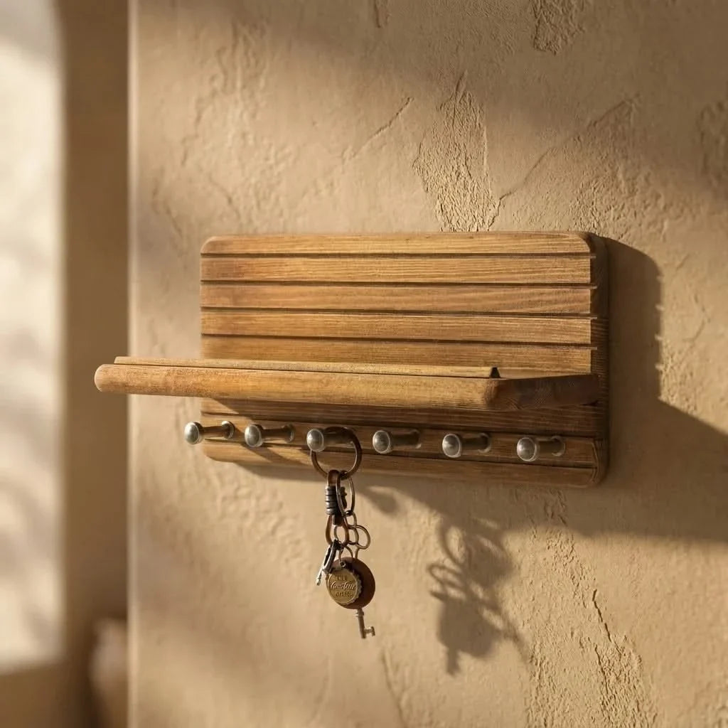 Wall rack with 8 hooks and shelf, solid wood key holder and hallway organizer for keys, bags, coats, and towels | Sansoti