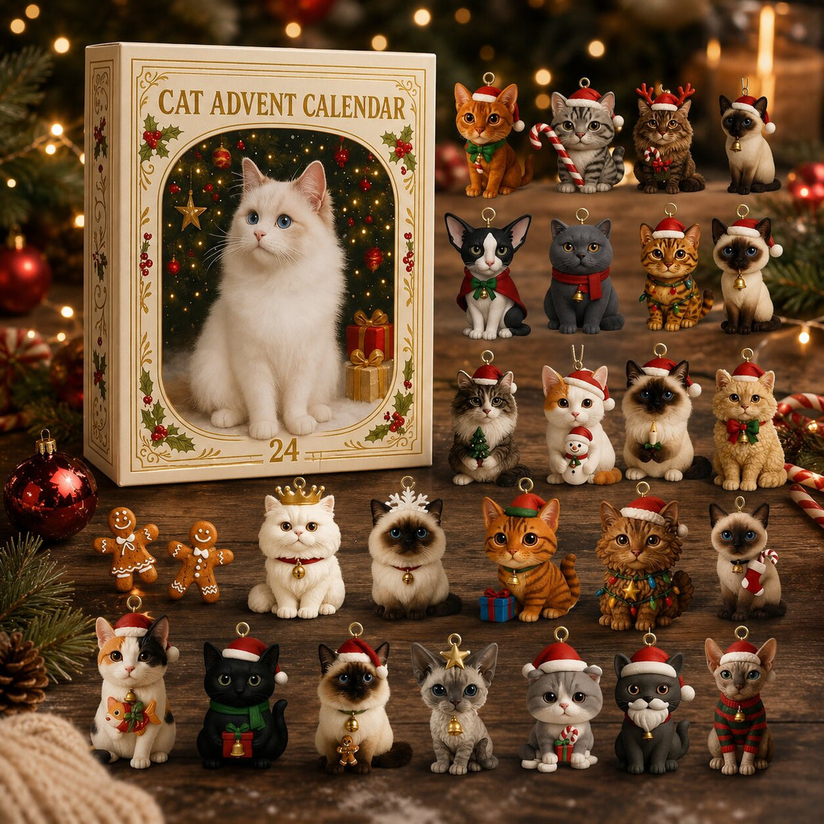 Calendrier de l'Avent pour amoureux des chats 2026 avec 24 surprises, motifs de Noël en plastique, fêtes de fin d'année, compte à rebours | Sansoti