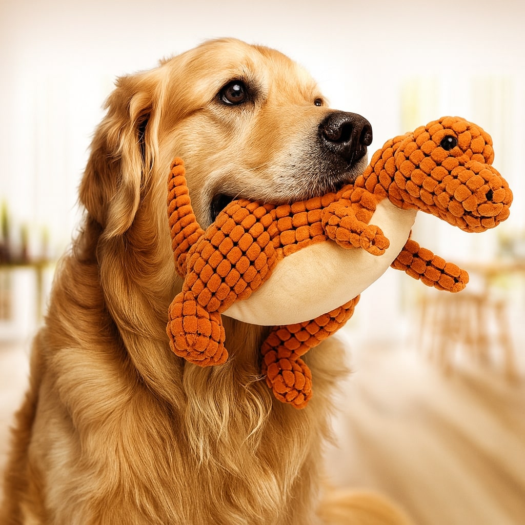 Pluche Hondenspeelgoed Dinosaurus – Stevig Interactief Kauwspeelgoed met Piep voor Kleine Honden – Oranje Bruin Groen | Sansoti