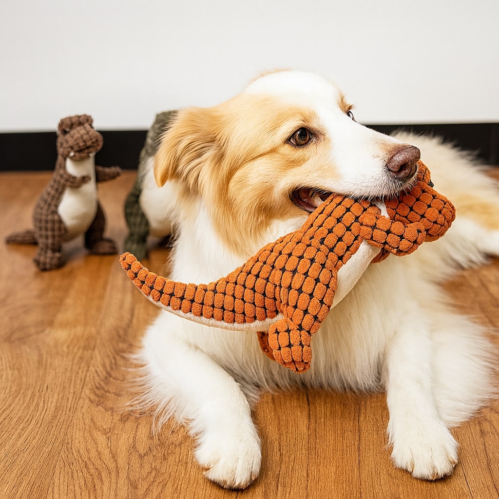Pluche Hondenspeelgoed Dinosaurus – Stevig Interactief Kauwspeelgoed met Piep voor Kleine Honden – Oranje Bruin Groen | Sansoti