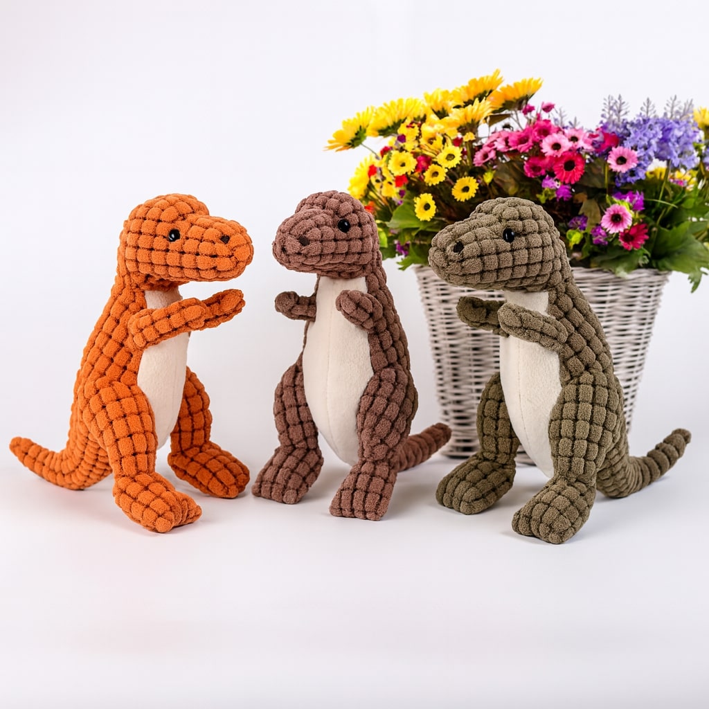 Pluche Hondenspeelgoed Dinosaurus – Stevig Interactief Kauwspeelgoed met Piep voor Kleine Honden – Oranje Bruin Groen | Sansoti