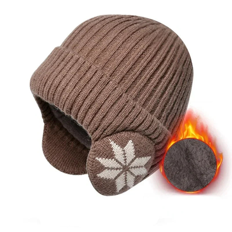 Gestrickte Wintermütze mit Ohrenklappen Unisex Warme Beanie Weiches Futter Schneeflockenmuster Wintersport | Sansoti
