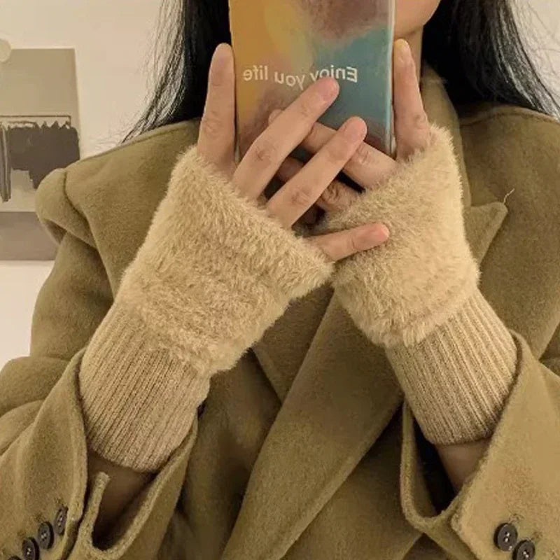 Fingerless gloves plush women's winter warm typing phone touchscreen one size comfortable soft | Sansoti