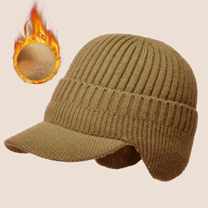 Knitted Winter Hat with Earmuffs for Men Soft Lined Interior Warm Headwear with Visor Winter | Sansoti