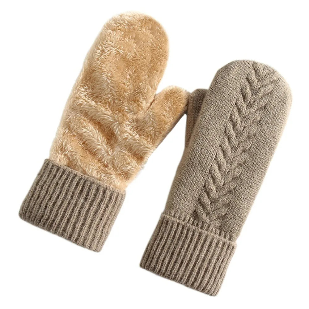 Double-Layer Mittens with Fleece Lining Winter Gloves for Women Warm Knitted Mittens Winter Sports | Sansoti