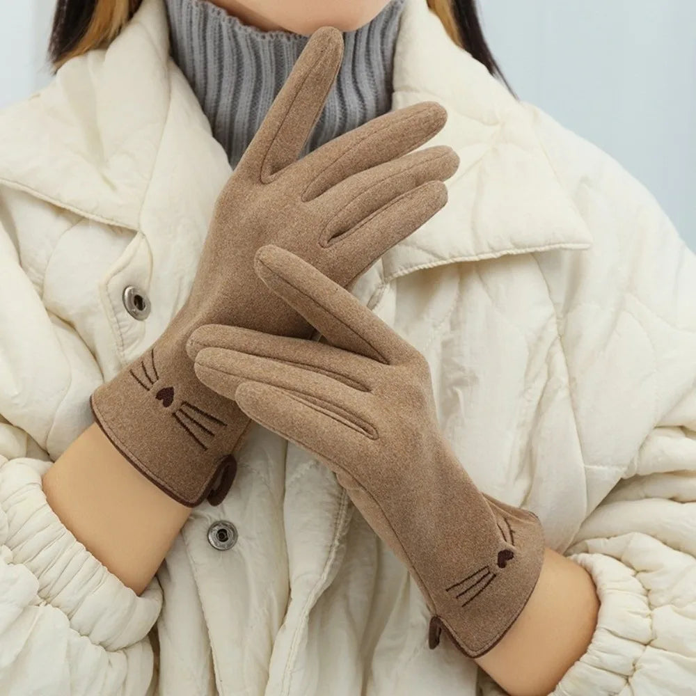 Women's Touchscreen Winter Gloves with Cat Print, Fleece-Lined, Warm Stretch Gloves, Gray Beige | Sansoti