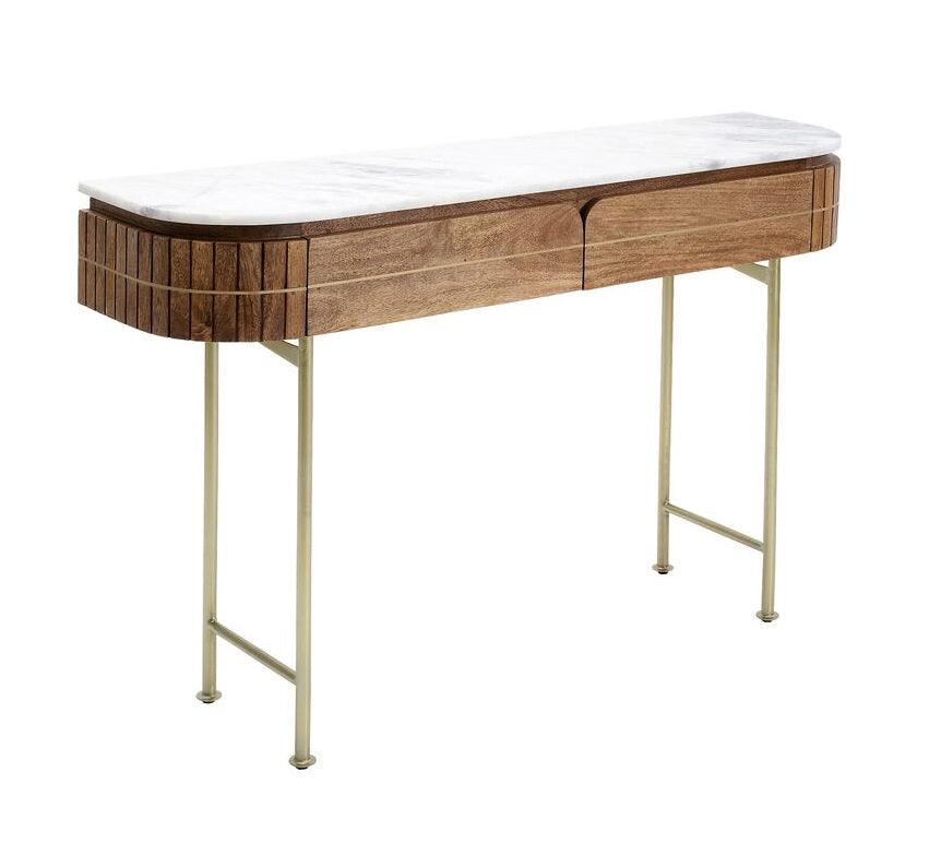 Luxuriöser ovaler Konsolentisch aus Holz mit Marmorplatte und goldenen Beinen – modernes Design, Beistelltisch mit Schubladen 100 cm | Restfield