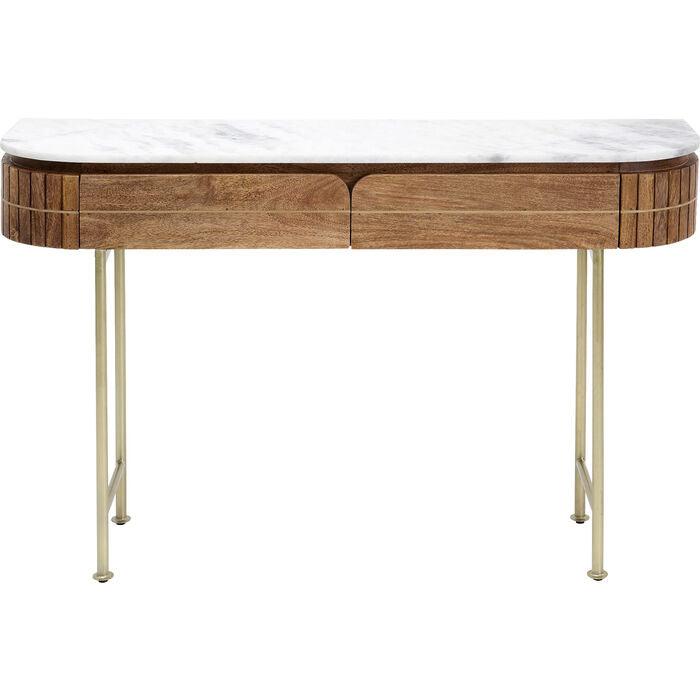Luxuriöser ovaler Konsolentisch aus Holz mit Marmorplatte und goldenen Beinen – modernes Design, Beistelltisch mit Schubladen 100 cm | Restfield
