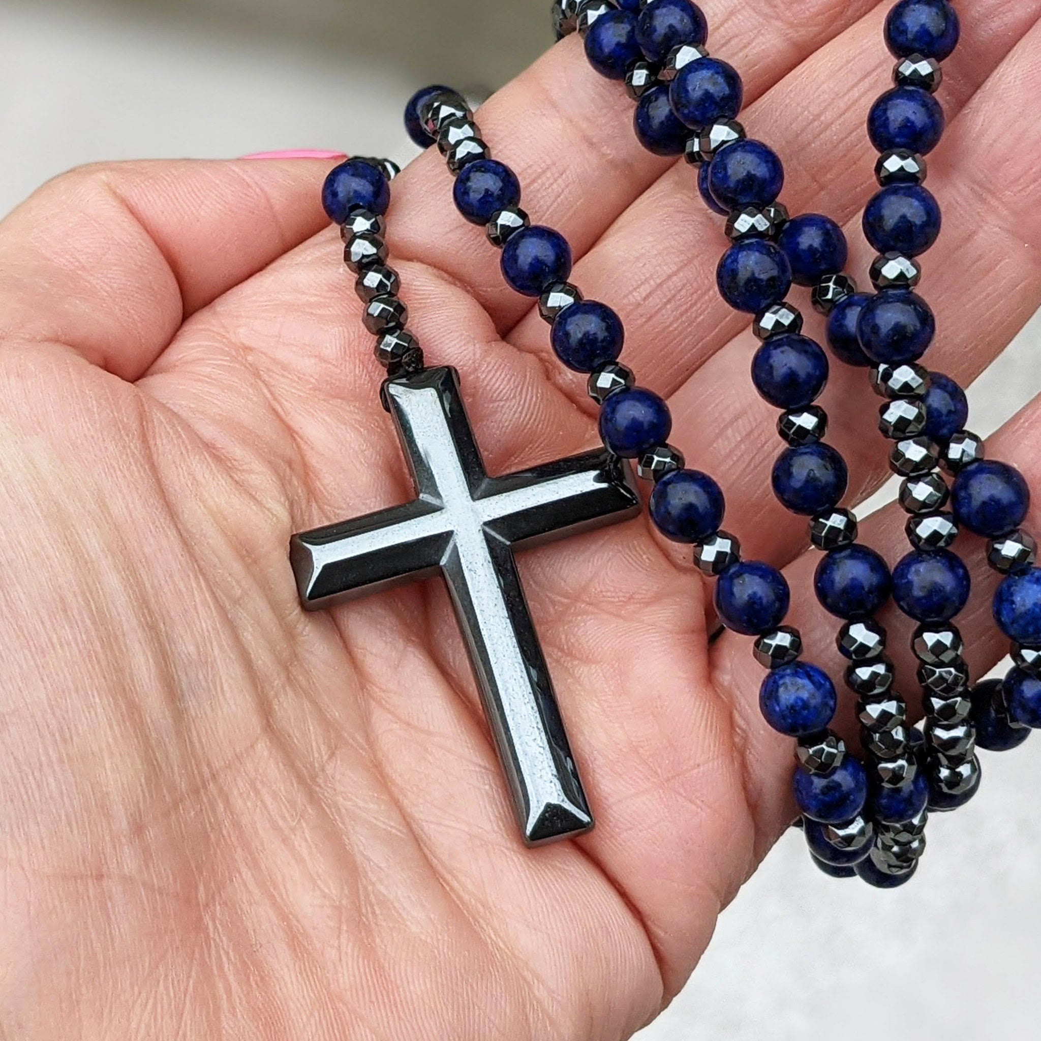 Natuursteen Rozenkrans Ketting met Kruis Hanger voor Mannen Zwart Blauw Groen Grijs | Sansoti