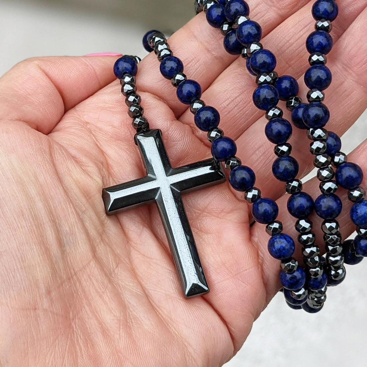 Naszyjnik-różaniec męski z kamieniami szlachetnymi, tygrysim okiem i lapis lazuli, regulowany, duchowa biżuteria modlitewna do medytacji | Sansoti