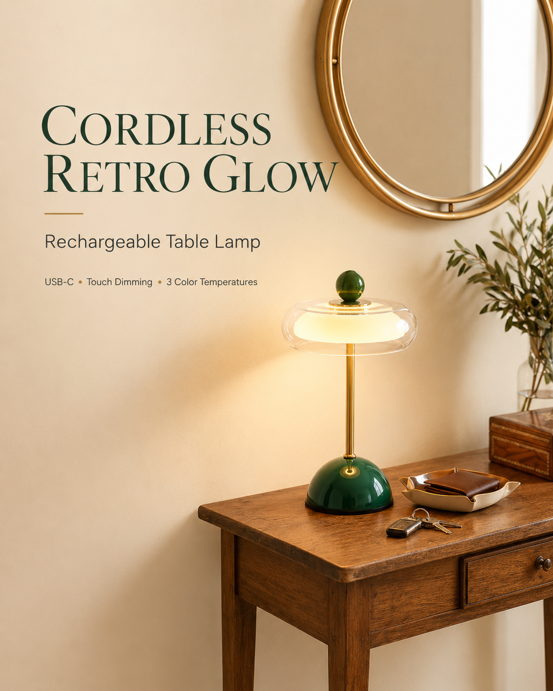 Rechargeable Glass Table Lamp with Dimming Function – Retro Design in 6 Colors – USB-C – 3 Color Temperatures | Sansoti