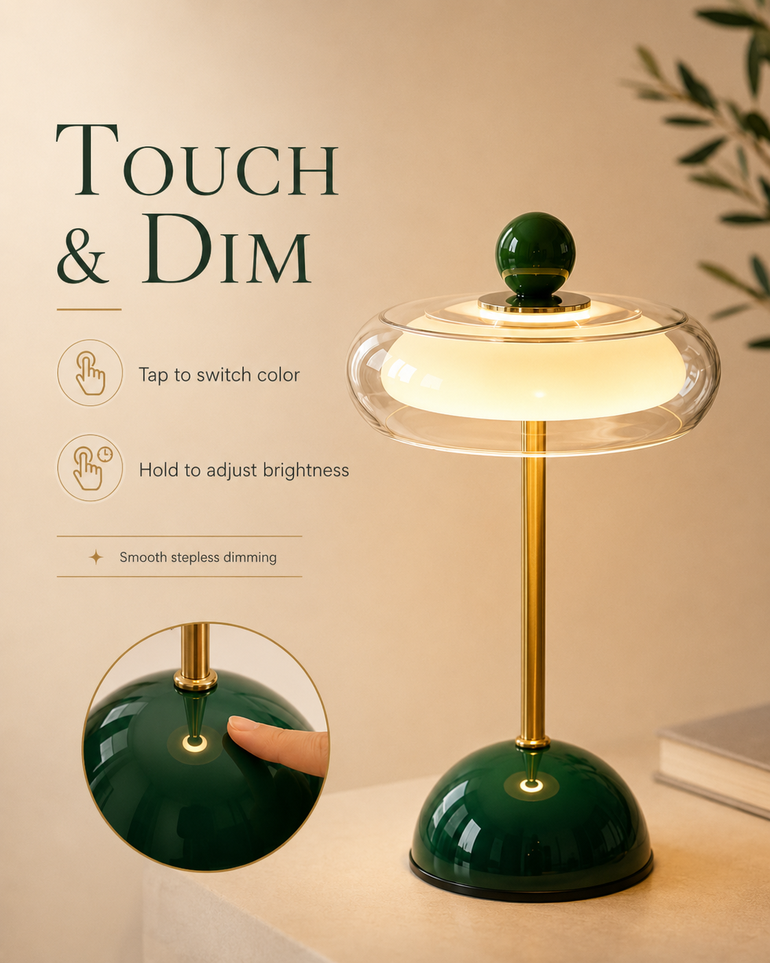 Rechargeable Glass Table Lamp with Dimming Function – Retro Design in 6 Colors – USB-C – 3 Color Temperatures | Sansoti