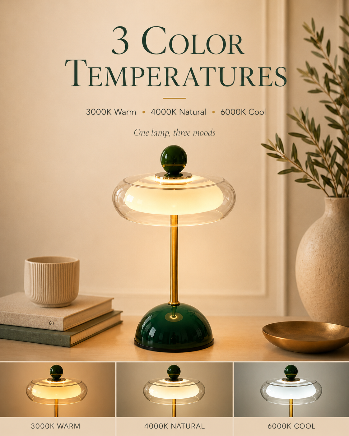 Rechargeable Glass Table Lamp with Dimming Function – Retro Design in 6 Colors – USB-C – 3 Color Temperatures | Sansoti