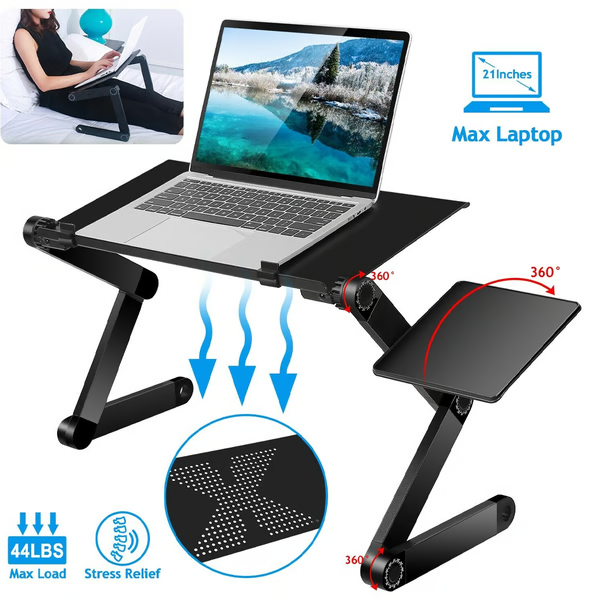 Verstelbare Laptopstandaard met 360° Draaibare Poten en Muismat - Ergonomische Werkhouding voor Thuiswerken Kantoor Bureau Bed - Aluminium Laptop Tafel tot 21 Inch - Koeling Ventilatie | Sansoti
