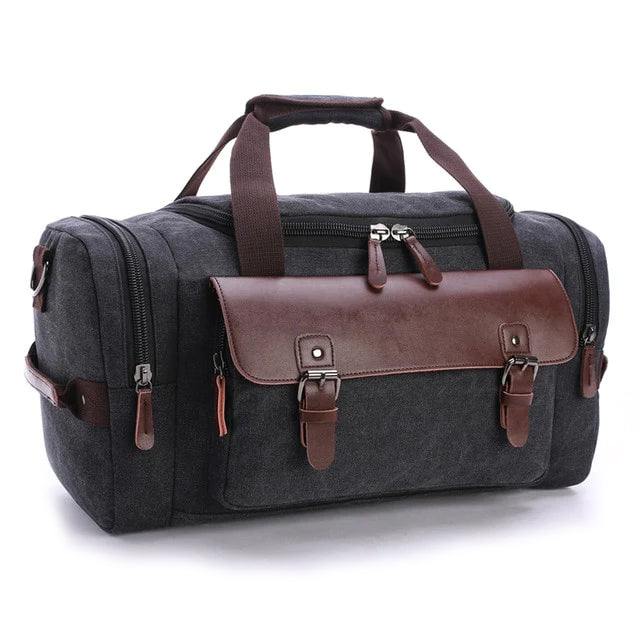 Spacious Travel Bag Leather Canvas Black Weekend Bag Work Bag Waterproof Travel Durable Large Size Carry-On | Sansoti